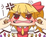  1girl anger_vein blonde_hair bust cheek_pull chibi commentary dress fangs feiton flandre_scarlet hair_ribbon looking_at_viewer open_clothes open_shirt pov_hands puffy_short_sleeves puffy_sleeves red_dress red_eyes ribbon shirt short_sleeves side_ponytail touhou translated uu~ wings 