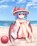  2girls alternate_costume asphyxiation ball bare_arms barefoot bat_wings bathing beach beachball blue_hair blue_sky bow clouds crescent_hair_ornament dress drowning hair_ornament hand_on_knee hat hat_bow highres licking_lips looking_at_viewer multiple_girls open_mouth panties papo patchouli_knowledge popsicle purple_hair red_eyes remilia_scarlet sitting sky sleeveless sleeveless_dress smile sundress sweat touhou underwear upskirt white_dress white_panties wings 