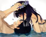  1boy 1girl black_hair blush closed_eyes couple hand_on_another&#039;s_head hetero highres lingmuzi long_hair looking_at_another lying original short_hair smile water 