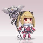  &gt;:&lt; 1girl :&lt; bird blonde_hair blush_stickers castlevania castlevania_judgment chibi detached_sleeves eyelashes hair_ornament lowres maria_renard owl red_eyes reflection shadow spread_wings staff standing stupa13a thigh-highs twintails 