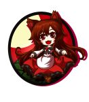  1girl animal_ears brooch brown_hair chibi dress fang full_moon imaizumi_kagerou jewelry kiki_fushigi long_hair long_sleeves looking_at_viewer moon night open_mouth red_eyes red_sky skirt skirt_hold sky smile solo tail touhou wolf_ears wolf_tail 