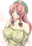  1girl alternate_costume bare_shoulders blue_eyes bow braid breasts cleavage hair_bow hat highres hong_meiling kinntarou large_breasts long_hair looking_at_viewer redhead ribbed_sweater sketch solo star sweater touhou twin_braids 