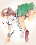 ! 1girl amputee asuna_(i_luv) bandaged_arm bandages bun_cover cuffs double_bun from_behind green_skirt ibaraki_kasen leaning_forward looking_at_viewer looking_back miniskirt open_mouth pink_eyes pink_hair shackles shirt shoes short_hair skirt solo tabard touhou white_shirt 
