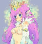  +2 1girl bare_shoulders blue_background blue_eyes blush breasts bubble cleavage colored_eyelashes coral elbow_gloves eyelashes fish_tail gloves head_fins jewelry long_hair looking_down mermaid midriff monster_girl navel necklace purple_hair puzzle_&amp;_dragons shell shell_bikini siren_(p&amp;d) solo tiara white_gloves 