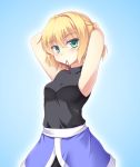  1girl armpits arms_behind_head bare_arms blonde_hair blue_background breasts gomi_(gomitin) green_eyes looking_at_viewer mizuhashi_parsee mouth_hold ribbon_in_mouth sash skirt sleeveless sleeveless_shirt solo touhou tying_hair 