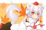  1girl ahoge animal_ears autumn_leaves bare_shoulders blush chinoru detached_sleeves hat inubashiri_momiji leaf leaf_background looking_at_viewer pom_pom_(clothes) red_eyes short_hair silver_hair smile solo tail tokin_hat touhou wolf_ears wolf_tail 