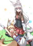  2girls ;d akiyasu animal_ears armpits arms_up belt black_legwear blonde_hair blue_eyes blush borrowed_character detached_sleeves elvy_frost fang fox_ears fox_tail grass green_eyes grey_hair kitsunezuka_kyuu looking_at_viewer lying multiple_girls necktie on_back one_eye_closed open_mouth original outstretched_arms pants payot pleated_skirt shirt sitting skirt smile tail thigh-highs white_background 