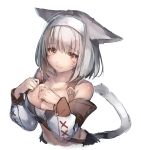  1girl animal_ears blush breasts brown_eyes cat_ears cat_tail cleavage detached_sleeves facial_mark final_fantasy final_fantasy_xiv grey_hair haru_akinosuke large_breasts looking_at_viewer miqo&#039;te short_hair simple_background sketch solo tail white_background 