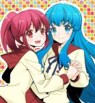  2girls :d aino_megumi blue_eyes blue_hair blush copyright_name happinesscharge_precure! holding_hands jpeg_artifacts long_hair long_sleeves multiple_girls ooshima_tomo open_mouth pink_hair ponytail precure red_eyes sailor_collar school_uniform shirayuki_hime skirt smile 