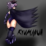  1girl ass batman_(cosplay) black_hair cape grey_hair horns legs leotard mask mikan_susano_o original parody ryumaouh_neily(character) short_hair solo 