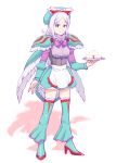  1girl aila_jyrkiainen alternate_costume apron bow enmaided food frills gundam gundam_build_fighters hat high_heels long_hair maid nikuman qubeley_papillon qubeley_papillon_(cosplay) shadow silver_hair skirt smile solo thigh-highs tray ueyama_michirou violet_eyes 