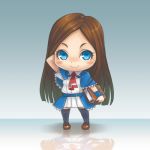  1girl black_legwear blue_eyes blush_stickers book brown_hair castlevania castlevania:_portrait_of_ruin charlotte_aulin chibi dress eyelashes hand_behind_head long_hair looking_at_viewer lowres reflection smile solo standing stupa13a thigh-highs zettai_ryouiki 