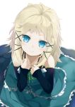  1girl black_bullet blonde_hair blue_eyes cauliflower_(artist) hair_ornament hairclip highres looking_at_viewer looking_up short_hair simple_background smile solo tagme tina_sprout white_background 