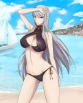  1girl bare_shoulders beach bikini boat breasts cleavage clouds light_smile long_hair looking_at_viewer massive_kagawa midriff red_eyes selvaria_bles senjou_no_valkyria side-tie_bikini silver_hair sky solo standing swimsuit thighs water 