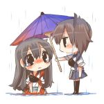  2girls akagi_(kantai_collection) black_eyes blush brown_hair chibi crying kaga_(kantai_collection) kantai_collection kneeling long_hair lowres multiple_girls puddle rain rebecca_(keinelove) short_hair side_ponytail tears umbrella 