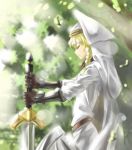  1girl armor belt blonde_hair braid chaoyangqusi closed_eyes gloves highres holding hood leaf pixiv_fantasia pixiv_fantasia_fallen_kings robe side side_braid solo sunlight sword weapon 