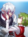  1boy 1girl armor buront crossover final_fantasy final_fantasy_xi green_hair kazami_yuuka long_sleeves maruman pointy_ears red_eyes short_hair silver_hair the_iron_of_yin_and_yang touhou 