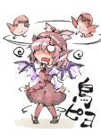  1girl animal_ears bird bow chibi confused dazed dress drooling hat mystia_lorelei pink_hair shinapuu short_hair simple_background solo sparrow touhou translation_request white_background wings 