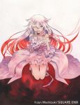  1girl bare_shoulders blood braid choker covering_face dress flower frilled_dress frills kneeling long_hair mochizuki_jun official_art pandora_hearts red_eyes rose solo tears white_hair will_of_the_abyss 