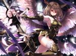  1girl black_gloves black_hair black_legwear breasts circlet elbow_gloves gloves horns multiple_wings original red_eyes short_hair solo sword thigh-highs weapon wings yuuki_kira 