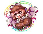  1girl animal_ears bow chibi dress hand_on_own_chest hat kiki_fushigi musical_note mystia_lorelei open_mouth outstretched_arm pink_hair red_eyes short_hair simple_background singing smile solo touhou white_background wings 