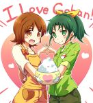  2girls :d bowl brown_eyes brown_hair green_eyes green_hair happinesscharge_precure! heart highres holding_hands kirimochi midorikawa_nao multiple_girls oomori_yuuko open_mouth overalls ponytail precure rice shirt short_hair smile smile_precure! 