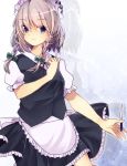  1girl apron blue_clothes blue_eyes blue_skirt braid hair_ribbon holding_knife izayoi_sakuya looking_at_viewer looking_to_the_side maid maid_apron maid_headdress puffy_short_sleeves puffy_sleeves ribbon short_hair short_sleeves silver_hair skirt solo touhou tress_ribbon twin_braids 