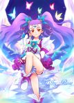 1girl arm_warmers ashita_wa_hitsuji boots character_name detached_sleeves dress earrings english eyelashes fingerless_gloves gloves hair_ornament hair_ribbon happy highres jewelry long_hair looking_at_viewer magical_girl milk_(precure_5) milky_rose mimino_kurumi precure purple_hair red_eyes ribbon sitting smile solo twintails yes!_precure_5 yes!_precure_5_gogo! 