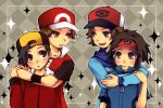  4boys black_hair blue_eyes brown_hair gold_(pokemon) hug hug_from_behind jacket kyouhei_(pokemon) multiple_boys pokemon pokemon_(game) pokemon_bw pokemon_bw2 pokemon_hgss red_(pokemon) touya_(pokemon) visor_cap yoya0503 