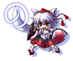  1girl absurdres animal_ears brown_eyes chibi detached_sleeves geta hat highres inubashiri_momiji kiki_fushigi leaf maple_leaf open_mouth shield short_hair silver_hair simple_background skirt smile solo sword tail tengu-geta tokin_hat touhou weapon white_background wolf_ears wolf_tail 