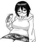  1girl breasts glasses hoodie large_breasts monochrome original plump sandwich semi-rimless_glasses sitting skirt solo tsukudani_(coke-buta) under-rim_glasses 