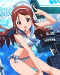  1girl bikini hairband hand_on_leg hat idolmaster idolmaster_million_live! long_hair looking_at_viewer microphone official_art open_mouth pointing ribbon sailor_hat sailor_swimsuit_(idolmaster) solo stage sweat swimsuit tanaka_kotoha 