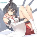  1girl bare_shoulders black_hair breasts cannon detached_sleeves hair_ornament japanese_clothes kantai_collection legs_folded personification red_eyes short_hair silhouette skirt sts tabi turret yamashiro_(kantai_collection) 