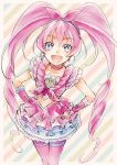  1girl :d blue_eyes blush bow choker cure_melody curly_hair earrings female frills hair_bow hairband hands_on_hips houjou_hibiki jewelry kurochiroko long_hair magical_girl midriff open_mouth pink_hair precure ribbon smile solo suite_precure thigh-highs twintails 