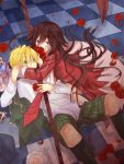  1boy 1girl alice_(pandora_hearts) blonde_hair boots braid brown_hair checkered checkered_floor checkered_pants dress flower formal green_eyes hug long_hair necktie oz_vessalius pandora_hearts red_rose ribbon rin-sz-ss rose scythe short_hair violet_eyes 