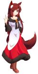  1girl :3 animal_ears blush brooch brown_hair dress fingernails highres imaizumi_kagerou jewelry long_hair long_sleeves red_eyes smile solo tail touhou wolf_ears wolf_tail wool_(miwol) 