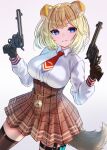  1girl animal_ears bangs black_gloves blonde_hair blue_eyes breasts brown_legwear brown_skirt collared_shirt colt_single_action_army cowboy_shot dog_ears dog_girl dog_tail eyebrows_visible_through_hair gloves gun high-waist_skirt highres holding holding_gun holding_weapon hololive hololive_english inari_(ambercrown) kemonomimi_mode large_breasts long_sleeves looking_at_viewer necktie parted_lips plaid plaid_skirt pleated_skirt pocket_watch red_neckwear revolver shirt short_hair simple_background skirt smile solo tail thigh-highs thigh_strap trigger_discipline underbust watch watson_amelia weapon white_background white_shirt zettai_ryouiki 