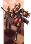  1boy 1girl agrias_oaks blonde_hair blurry boots braid brown_eyes checkered clouds cloudy_sky dakusuta depth_of_field final_fantasy final_fantasy_tactics girdle gloves highres knee_boots long_hair open_mouth ramza_beoulve sky sword weapon 