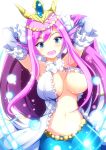  1girl armpits arms_behind_head arms_up bead_band beads blue_eyes blush breasts cleavage elbow_gloves fish_tail frilled_gloves frills gloves head_fins jewelry long_hair mermaid merry_(diameri) midriff monster_girl navel open_mouth purple_hair puzzle_&amp;_dragons raised_eyebrows simple_background siren_(p&amp;d) solo tiara white_background white_gloves 