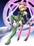  1girl alternate_costume bare_shoulders blonde_hair bodysuit boots commentary_request cosplay green_eyes green_legwear looking_at_viewer magical_girl mahou_shoujo_ai mizuhashi_parsee ootsuki_wataru pointy_ears polearm ribbon short_hair smile solo spear thigh-highs thigh_boots touhou weapon 