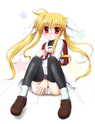  1girl :o backpack bag black_legwear blonde_hair blush dress fate_testarossa flipper flying long_hair lyrical_nanoha mahou_shoujo_lyrical_nanoha mahou_shoujo_lyrical_nanoha_a&#039;s panties randoseru ribbon school_uniform side-tie_panties sitting solo star thigh-highs twintails underwear 