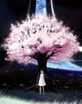  1girl bail bangs bare_shoulders black_eyes black_hair blunt_bangs cherry_blossoms dress long_hair original petals sandals scenery science_fiction see-through_silhouette smile solo space sundress tree white_dress 