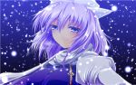  1girl blue_background blue_eyes breasts bust eyelashes gradient gradient_background hat highres juliet_sleeves letty_whiterock light_smile long_sleeves looking_at_viewer nekominase pin puffy_sleeves scarf short_hair silver_hair simple_background snowing solo touhou 