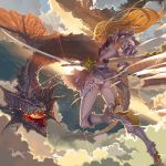  1girl ass blonde_hair dragon geister green_eyes katana long_hair original sky sword weapon 