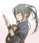  1girl blush camouflage from_side gradient gradient_background green_eyes green_hair hand_on_own_chest hand_up jewelry kantai_collection long_hair looking_at_hand ree_(re-19) ring solo twintails wedding_ring zuikaku_(kantai_collection) 