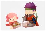  blue_hair bousou cape chopsticks doubutsu_no_mori fire_emblem fire_emblem:_akatsuki_no_megami food gloves headband ike lunchbox nintendo pink_hair smile super_smash_bros. villager_(doubutsu_no_mori) 