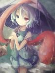  1girl blue_eyes blue_hair grey_background heterochromia highres karakasa_obake looking_at_viewer rain red_eyes short_hair short_sleeves skirt skirt_set smile solo tatara_kogasa ti_owo tongue touhou umbrella 