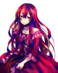  1girl bare_shoulders bow brown_hair choker dress frilled_dress frills kugifumi_rinne lacie_baskerville long_hair pandora_hearts red_eyes simple_background sitting smile solo 