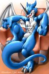  1boy abs artist_name couch dated digimon digimon_adventure_02 exveemon furry karabiner open_mouth red_eyes sitting tail teeth tongue wings 