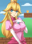  1girl blonde_hair blue_eyes breasts brooch coin crown dress earrings elbow_gloves gloves hand_on_own_chest jewelry long_hair looking_at_viewer glasses_man nintendo princess_peach smile solo super_mario_bros. white_gloves 
